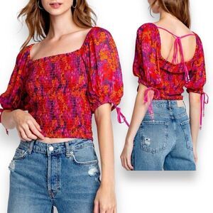 Free‎ People M Back On Top Hot Pink Floral Print Smocked Blouse Puff Sleeve Top
